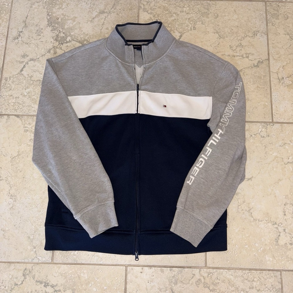 Tommy Hilfiger Jumper Mens Large Grey White Navy Blue Color Block Zip Up Jacket
